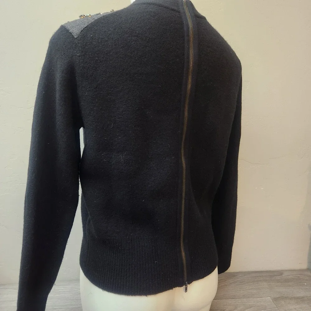 J. Crew Black Sweater Size S Merino Full Zip Back Embellish Shoulder Detail Crew
